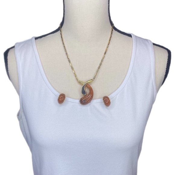 Women's Brown Pendant Necklace with Matching Clip-On Earrings - Picture 3 of 11